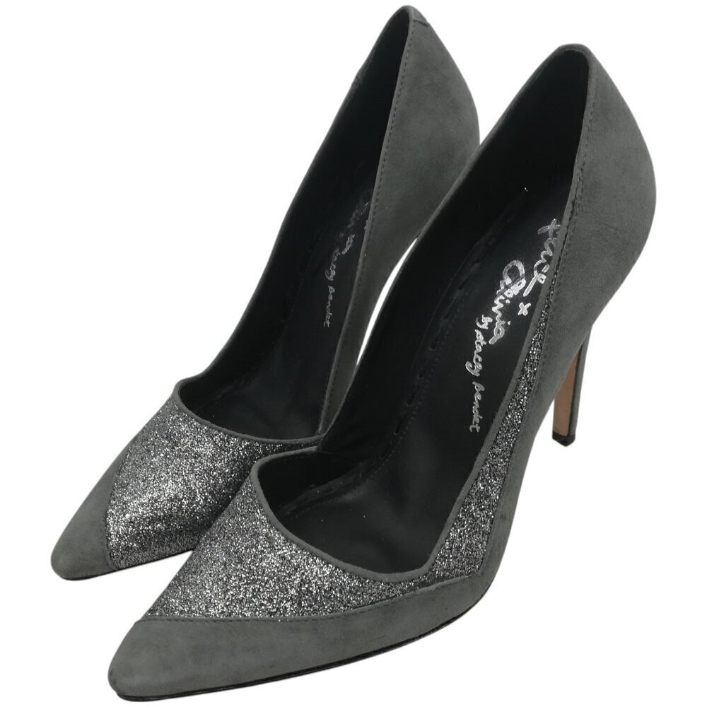 Alice & Olivia Gray Glitter Suede Pointed Toe High Heels Size 39 US 8.5 Leather